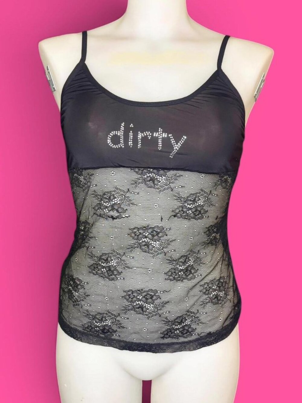 Black "dirty" sheer lace cami
